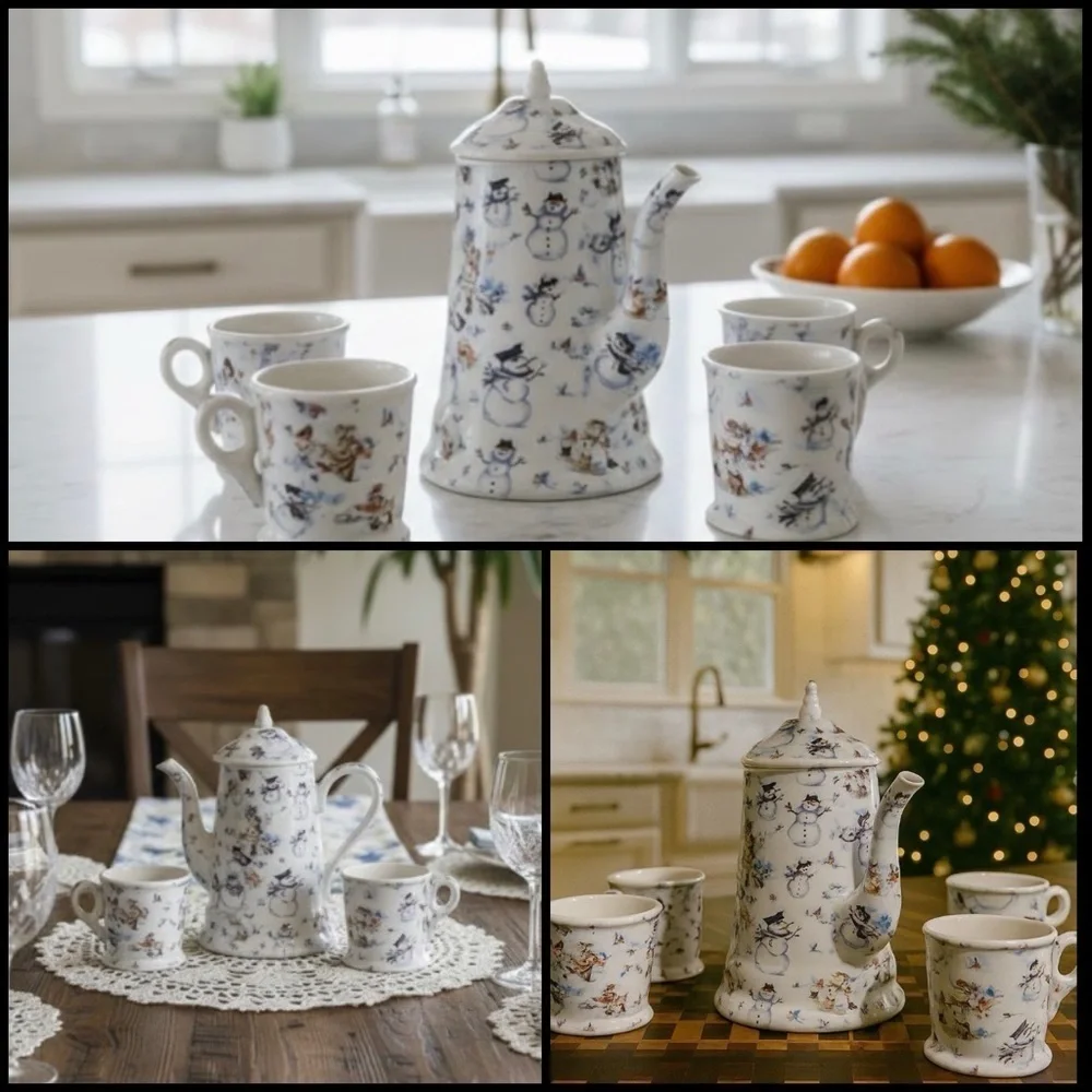 Vintage Grace Snowman Christmas Holiday Porcelain Tea\Coffee Set Kettle/4 Mugs